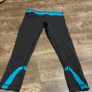 lululemon athletica Black Cropped Leggings with Teal and Gray Waistband